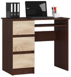 Bureau d'ordinateur AKORD gauche A6 Wengé 90 cm 3 tiroirs façade Chêne Sonoma 1 étagère 90x50x77 cm