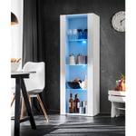 Vitrine Armoire Tivoli, Blanc/Blanc, Largeur 55cm x Hauteur 159cm x Profondeur 35cm, led Blu, 3 étagères, pour Salon, Chambre, Entrée - Komodee