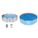 Bestway Steel Pro Max Frame Kit Piscine avec Pompe à Filtre Ø 305 x 76 cm, Gris Clair, Rond & 58241 Bâche Solaire diamètre 289 cm pour Piscine Hors Sol Ronde diamètre 305 cm Bleu