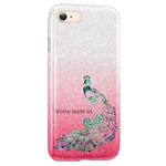 Coque Iphone 7 et 8 et SE 2020 paillettes rose tie paon plume personnalisee