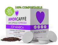 Amorcaffe 100 Compostable Compatible Coffee Capsules Pods for Lavazza A Modo Mio - Top Arabica Taste - Plastic Free