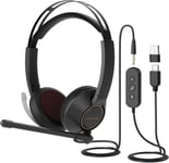 Hp11-Du Usb Casque Filaire, Casque Double Oreille (Stéréo) Avec Micro/Contrôle En Ligne, Connexion À Pc/Mac/Mobile Via Usb A/Type-C/3,5Mm, Compatible Avec Zoom/Teams Pour Les Appel[SMA073967]