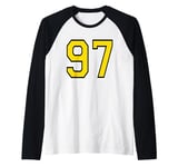 Number 97 in Yellow Black White printed both sides Raglan Baseball Tee