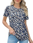 Rapbin Short Sleeve Blouses for Women Round Neck Pleated Shirts Summer Holiday Tops,Blue & White Floral,S