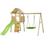 Kangui - Aire de jeux portique en bois woodi - Double balançoire et nid Ø100cm, toboggan, mur d'escalade, cabane, échelle