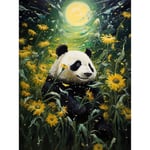 Artery8 Midsummer Night's Panda Dream Oil Painting Panda Bear in a Full Moon Sunflower Field Landscape Kids Bedroom Extra Large XL Wall Art Poster Print