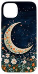 iPhone 14 Plus Floral Crescent Moon Dark Blue Cottagecore Botanical Case