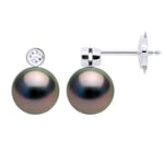 Ateliers Saint Germain Womens Earrings Jewelry Prestige Diamonds 0.06 Cts - CLOSED SET 2 x 0,03 Cts - with Real Cultured Tahiti Pearls Round 8-9 mm - Silver White Gold - One Size