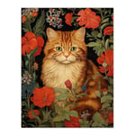 Stylish Ginger Striped Kitten Cat Red Amidst The Flowers Floral Design Illustration Extra Large XL Unframed Wall Art Poster Print