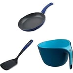 Tasty Bundle, Frying Pan 24cm, Turner with Grater, 2-Piece Plastic Colander with Container, Ideal for Pancake Day, Non-Stick Saute Pan, Cooking Spatula, Colander Drainer with Mixing Bowl, Blue & Grey