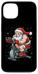 Coque pour iPhone 13 Père Noël sur vélo d'appartement, gym, fitness, entraînement, Noël, neige