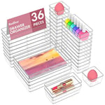 Radikor Lot de 36 Organisateurs de Tiroir, Rangement Tiroir en Plastique Transparent, Bacs de rangement avec 4 Tailles pour salle de bain, coiffeuse, Cuisine, Bureau, Papeterie, per Cosmétiques,Bijoux