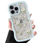 ZTOFERA Wavy Case for iPhone 15 Pro Max, Cute Clear Protective Case with Floral Leaves Pattern, Hard PC Colored Wave Frame Soft Silicone Bumper Shockproof Cover for Girls Women, Mint Green