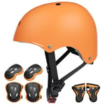 KORIMEFA Casque Vélo Enfant Set de Protection Roller pour Enfants Filles Garçons 3-13 Ans Casque Réglable Coudières Genouillère Protège-Poignets Protection Trottinette Skateboard (Orange)