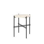 GUBI TS Round side table Natural white travertine, ø40, black stand