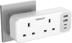 Double Plug Adaptor with 4 USB2 USB C, TESSAN 2 Way Multi Plugs Extension 13A UK