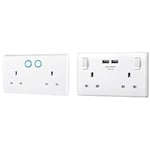 BG Electrical 822/HC-01 Power Socket, Alexa Compatible Double 13 Amp, White Moulded&8223u Double Switched 13 A Fast Charging Power Socket with Two USB Charging Ports, 3.1 A, 5 V, 15.5 W, Round Edge