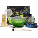 TEANAGOO Fouet à Matcha Japonais (7pcs) Set de Matcha Kit Mtacha Bol à Matcha avec bec verseur Fouet à Matcha en Bambou (chasen) Scoop (chashaku) Support pour Fouet à MatchaN22, verre gris foncé