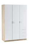 DMORA Armoire penderie, 3 Portes + 3 tiroirs-cm. 121 x 180 x 52 cm, Bois, Blanc et Chêne, Small