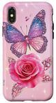 Coque pour iPhone X/XS Rose et papillon mignon sur fond rose