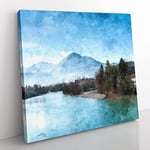 Mountain Above The Lake Painting Modern Canvas Wall Art Print Ready to Hang, Framed Picture for Living Room Bedroom Home Office Décor, 35x35 cm (14x14 Inch)