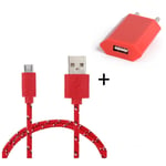 Pack Chargeur pour Manette Playstation 4 PS4 Smartphone Micro USB (Cable Tresse 3m Chargeur + Prise Secteur USB) Murale Android  (ROUGE) - Neuf