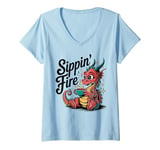 Womens Sippin’ Fire Cute Dragon Tea Lover V-Neck T-Shirt