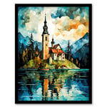 Lake Bled Vibrant Artwork 17th Century Church On Slovenia Island Reflecting On Turquoise Water Art Print Framed Poster Wall Decor