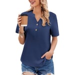 Weardear Chemisiers Et Blouses Femme Mousseline 100% Cotone Tunique Tee Shirt Modern Col V Festifs Boutonné Respirant Manches Courtes Chic élégant Haut Top Loisirs Bleu L