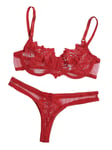 Floerns Women's 2 Piece Lace Sheer Bralette Bra and Panty Underwire Lingerie Set Red S