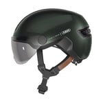 ABUS Casque de ville HUD-Y ACE - casque de vélo stylé avec visière et feu arrière LED magnétique et rechargeable - pour hommes et femmes - vert, taille S