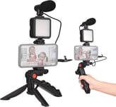 Smartphone Vlog Kit Mini Lampe Vidéo Led + Microphone Cardioïde + Clip Téléphone Extensible + Trépied Avec Luminosité Réglable Pour Live Stream Vlog Vidéo Shooting Vidéo Conférence[YIN144307]