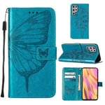 Samsung Galaxy S22 Ultra Flip Suojakuori Butterfly-kohokuvioidulla Pu-nahalla seisontatuen luottokorttikotelon kansi - sininen