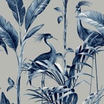 Azzurra Leaf Tropical Birds Herons Belgravia Wallpaper Blue & Silver 9506