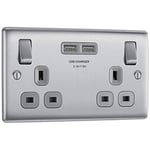 BG Electrical Double Switched Power Wall Plug Socket with Two USB-A Charging Ports, Nexus Metal, Brushed Steel, Grey Inserts, NBS22U3G