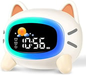 LEMNOI Reveil Enfant Réveil Éducatif Jour Nuit Lumineux Numérique Reveil Apprentissage avec 5 Couleurs,Snooze,7 Types de Musique,Charge USB,Chat