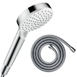 Pommeau de douche HANSGROHE Crometta EcoSmart 2 jets blanc/chromé + flexible de douche 2 m HANSGROHE Metaflex chromé