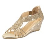 PIZZ ANNU Sandales Femme Été Compensées à Plateforme Escarpins Strass Sandale à Talon Compensé Mode Confort pour Soirée Mariage Chaussure Or EU 40.5