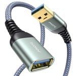 Rallonge USB, Rallonge USB 1M, Lot de 1 Rallonge USB 3.0, Câble USB Mâle Femelle Compatible avec Hubs,Imprimantes,Lecteurs de Cartes,Adaptateurs Bluetooth, Clés USB, Scanners, Disques Durs(Gris