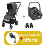 Maxi Cosi Poussette duo Leona 2 Twillic graphite + adaptateurs coque pebble 360 essential = base familyfix offerte