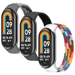 3 Pack Bracelet pour Xiaomi Mi Band 9/Xiaomi Smart Mi Band 8 Bracelet,Nylon Braided Stretch Solo Loop Bracelets Sport Band pour Xiaomi Band 8/Mi band 9 Bracelet,noir/arc-en-ciel/noir blanc,L