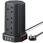 AODENG Tower Extension Lead with USB Slots 2M, 12 Way Outlets Multi Plug Extension Tower with 4 USB Slots (1 Type C & 3 USB Ports), Surge Protector Long Extension Lead tower for Home, Office, Kitchen