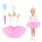 ACWOO ​Tutu de Princesse Licorne, Lot de 4 Serre-tête Coloré avec Ailes, Tutu, Jupe Arc-en-Ciel, Fée Baguette, Déguisement Licorne Fille pour fête d'anniversaire, Halloween, Carnaval, Licorne