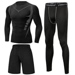 Terecey Ensemble Compression Homme 3 Pièces Tenue de Sport Homme T-Shirt Compression à Manches Longues + Legging Homme Sport + Shorts de Sport pour Running