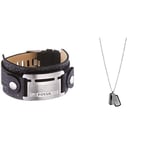 Fossil Homme Bracelet manchette en cuir noir JF84816040 + Collier avec plaque militaire en acier inoxydable JF00494998