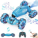 Dysaim Voiture Télécommandée Tout Terrain, 4WD Voiture Télécommandée avec la Main, 2,4Ghz 360° Rotation RC Stunt Car Musique Lumière et Spray, Cadeaux pour Garçons Filles Enfants 6 8 10 12 Ans, Bleu