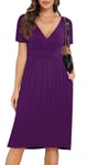 CHANGMU Women's Midi Dresses Ladies Summer Wrap Dress Casual Short Sleeve Frocks with Pockets, Purple, Small