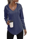 Cuptacc Sweat Femme Col V Hoodie Casual Haut Coton Top Maman Pulls Manche Longue Sexy Bleu Marine,Klein S 36