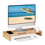 Relaxdays Support de Moniteur, Bambou, rehausseur écran Bureau, 7 Compartiments, Dessous PC, HLP 8,5x60x30 cm, Naturel