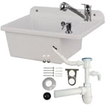 Lavabo plastique gris clair 51 cm avec siphonne tirette et vidange, mousseur robinet avec douchette extractible, distribuer de savon